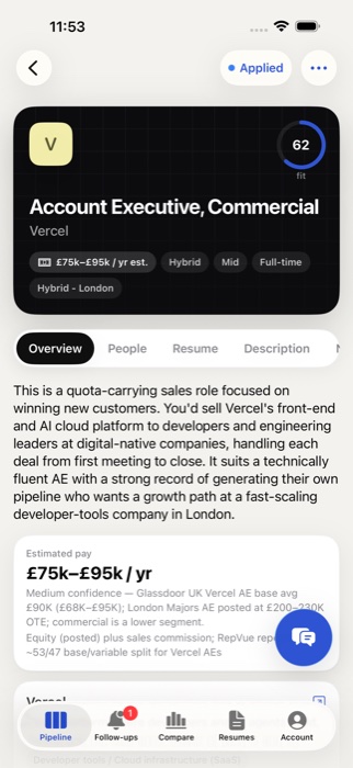 Gancho on iPhone: a job with researched pay and fit
