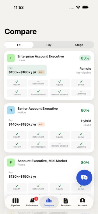 Gancho on iPhone: compare jobs side by side
