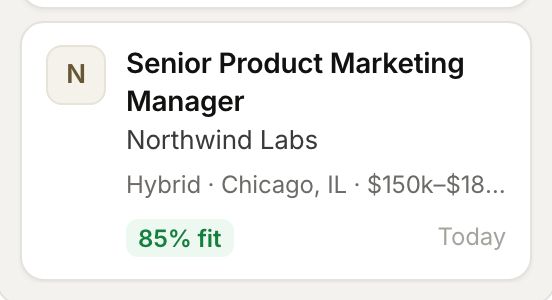 A job card: the company, the role, where and how much, and an 84% fit