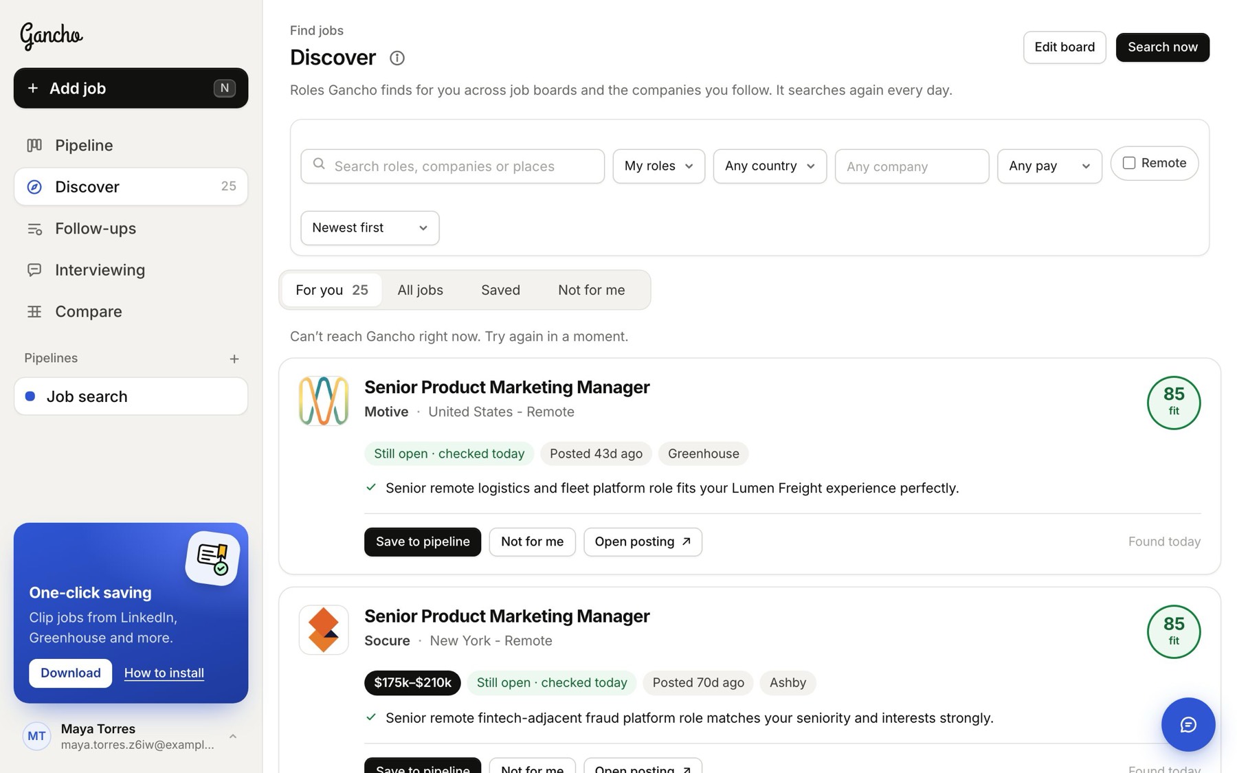 Discover: roles picked for you, ready to save