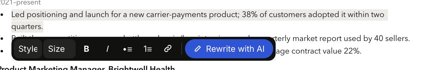 Highlight text for the formatting bar and Rewrite with AI