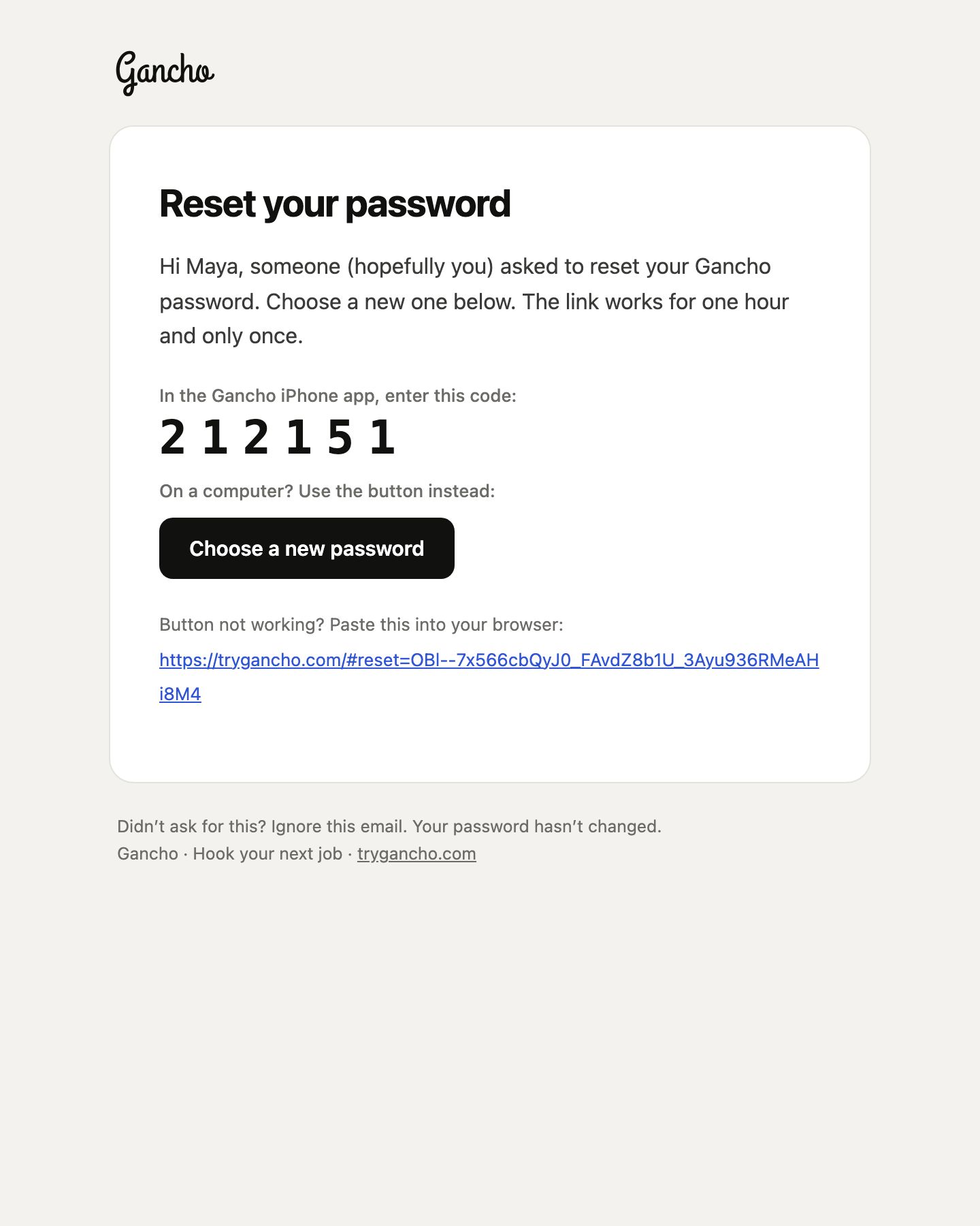 The reset email