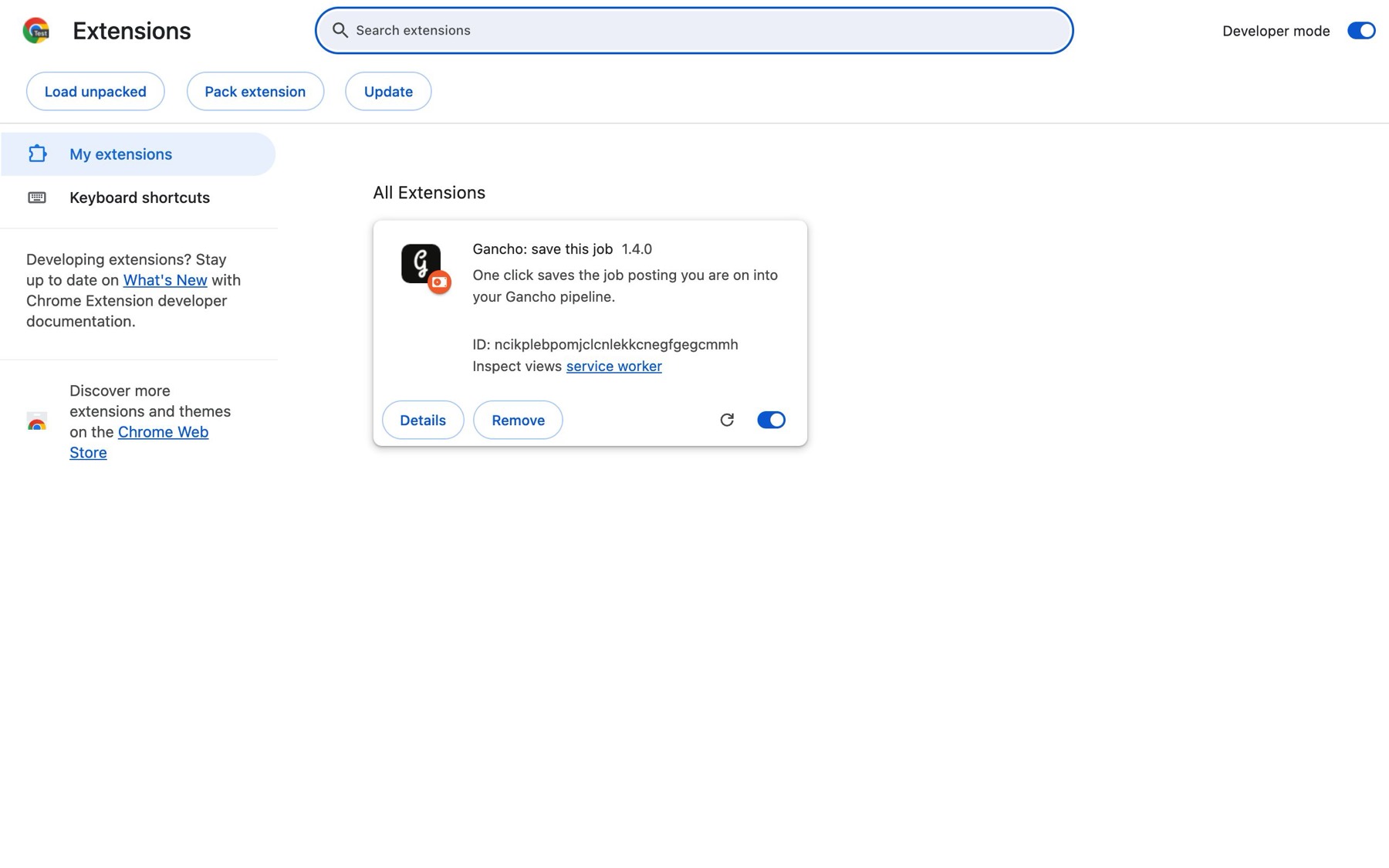 Chrome's extensions page with Developer mode on and Gancho loaded