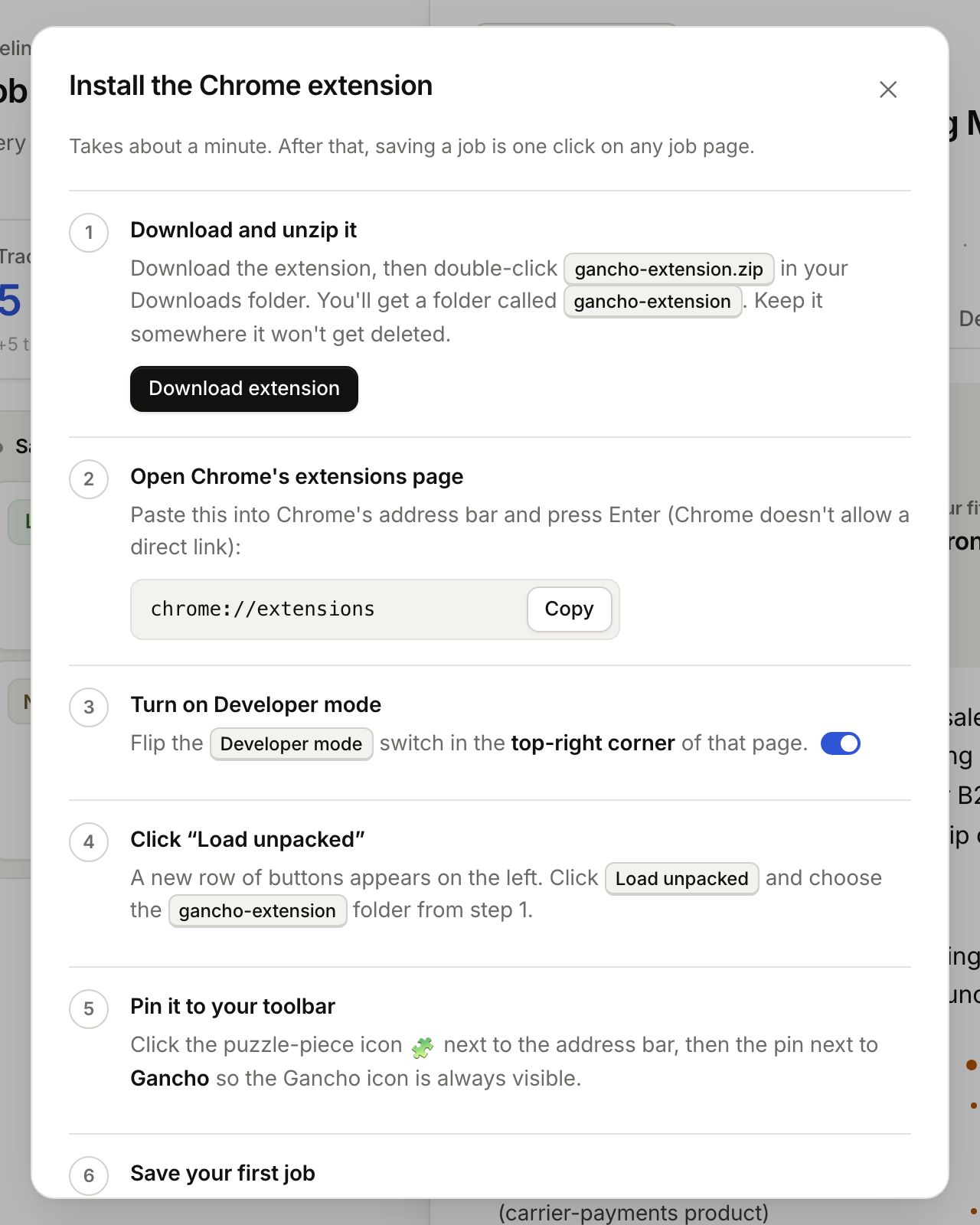 The install guide inside Gancho