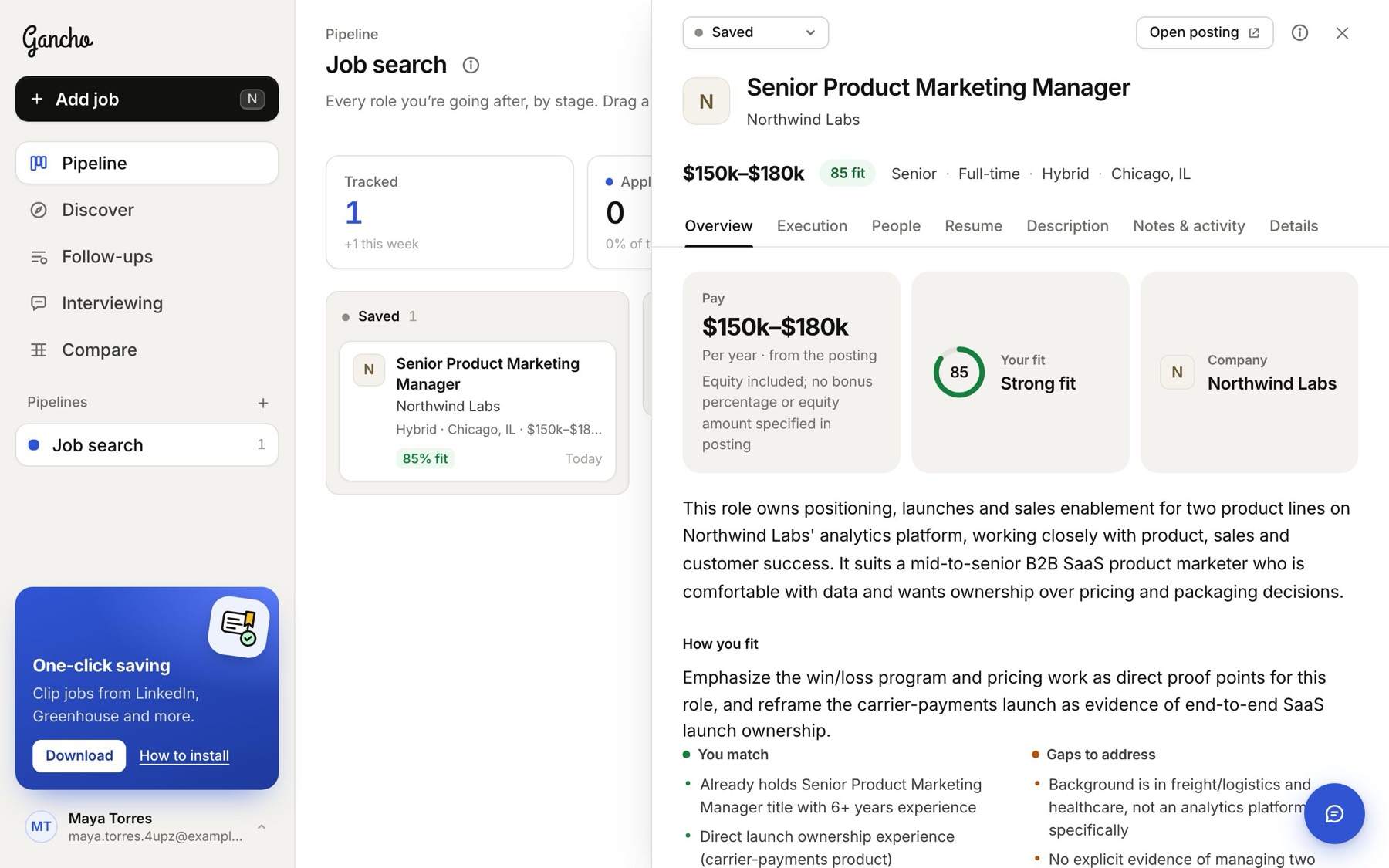 The first job, researched: its fit on the card, and the research beside it