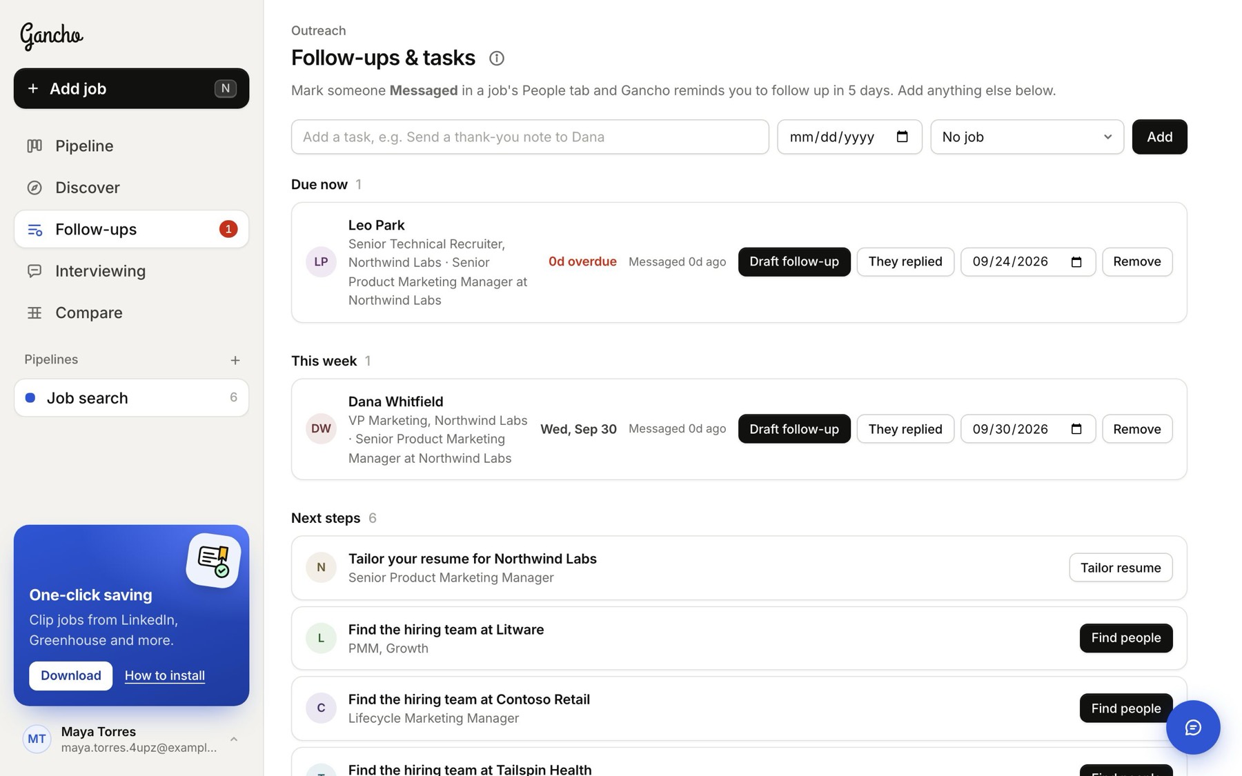 Follow-ups & tasks: due now, this week, later