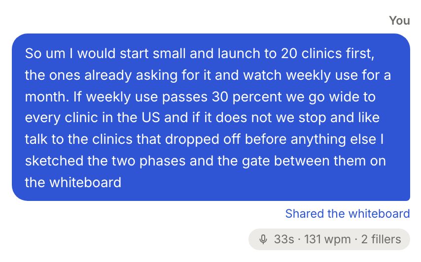 A spoken answer, with its speaking time, pace and fillers