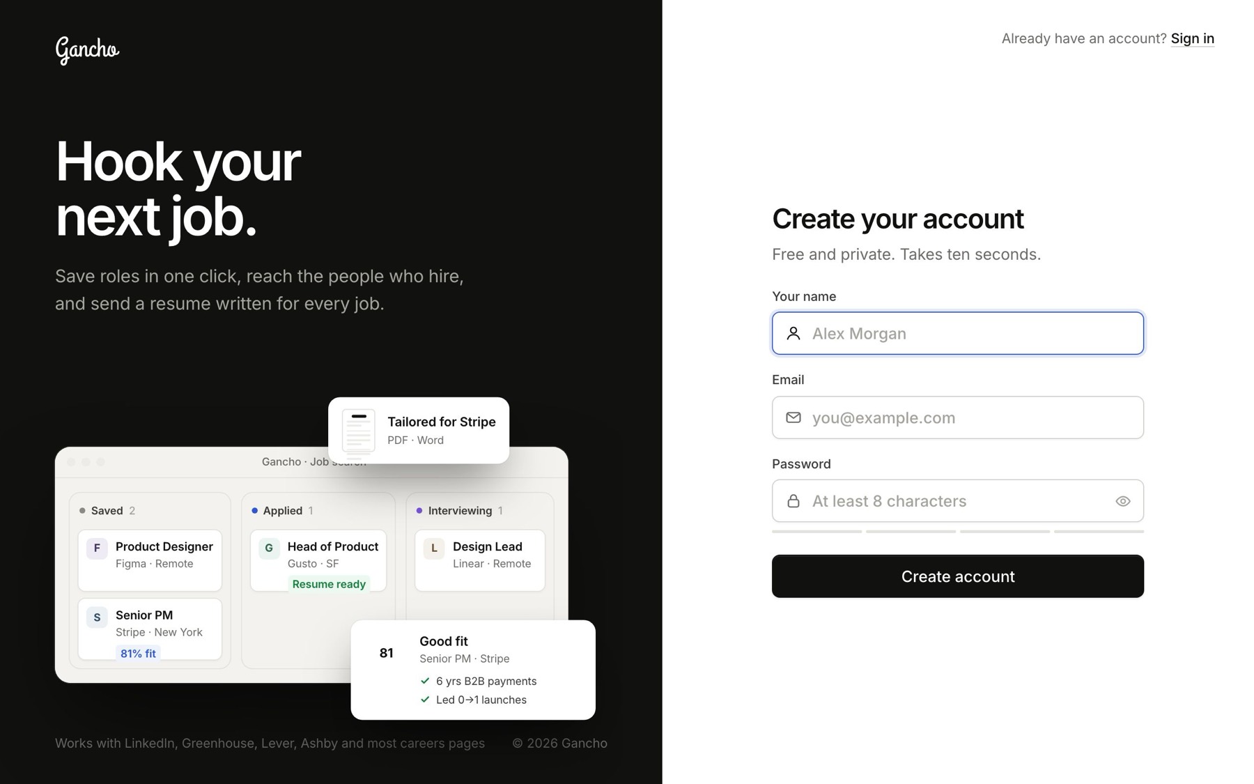The sign-up form