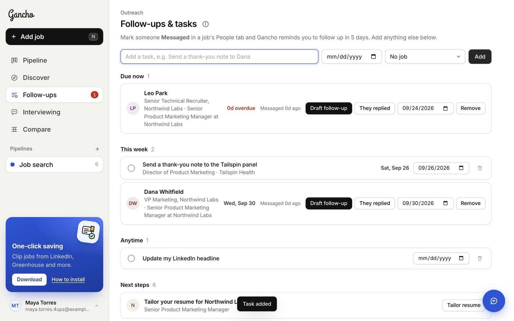 Tasks sit with your follow-ups: Due now, This week, Later, Anytime